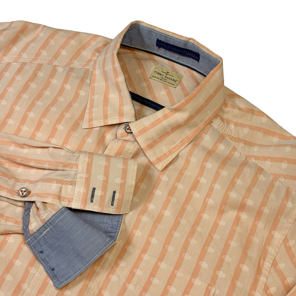 Tommy Bahama Jeans Mens Large Pink‎ Coral Long Sleeve Striped Button Down Shirt